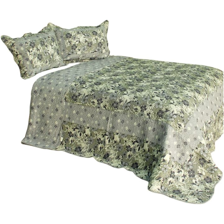 Queen Size Cotton 3-Piece Quilted Printed Quilt Set with Matching Pillow Shams