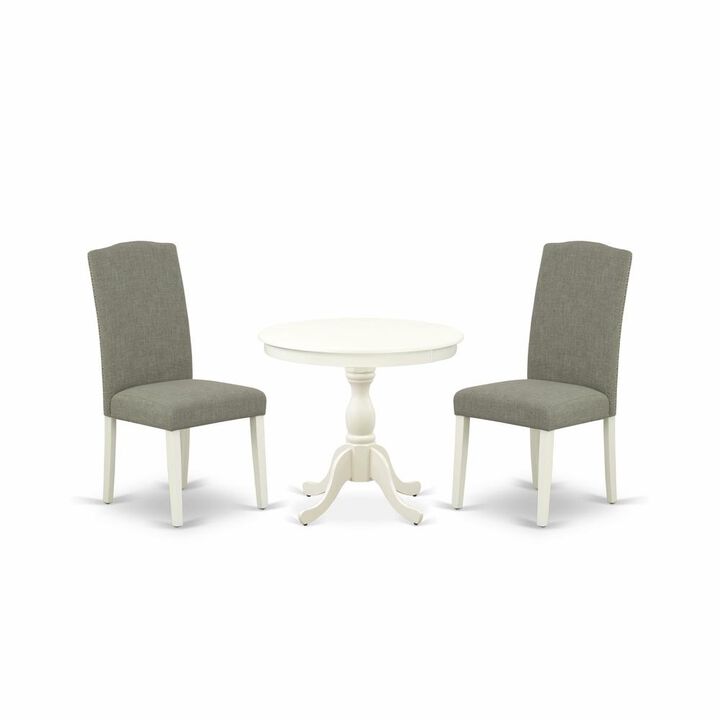 AMEN3-LWH-06 3 Piece Dining Set - 1 Pedestal Table and 2 Dark Shitake Dining Room Chair - Linen White Finish