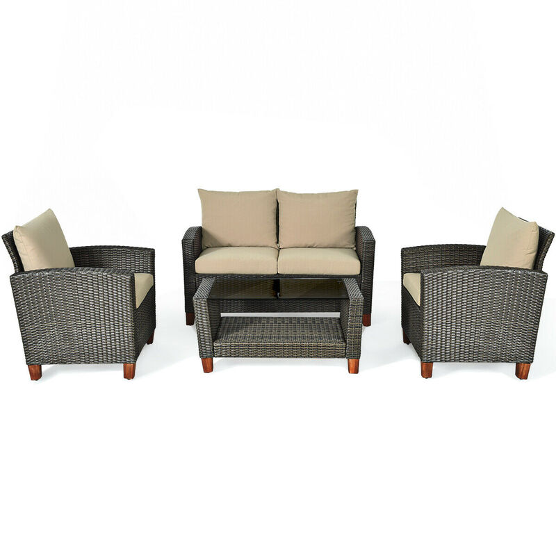 4-Piece PE Wicker Patio Furniture Set with Padded Cushions &ndash; Outdoor Seating