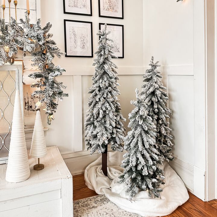 4 Foot Lightly Flocked Alpine Tree Pre-Lit Warm LED Lights with Timer and Real Wood Trunk