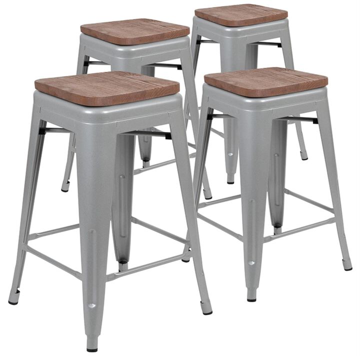 Flash Furniture 24" High Metal Counter-Height, Indoor Bar Stool with Wood Seat in Silver - Stackable Set of 4