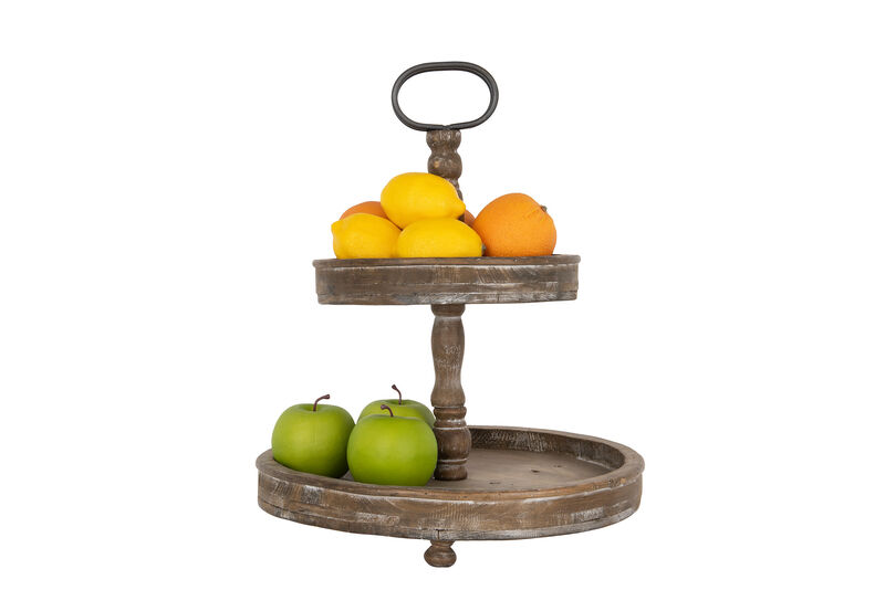 Decorative Wood 2‑Tier Tray Round Serving and Display Stand, Natural Finish image number 3