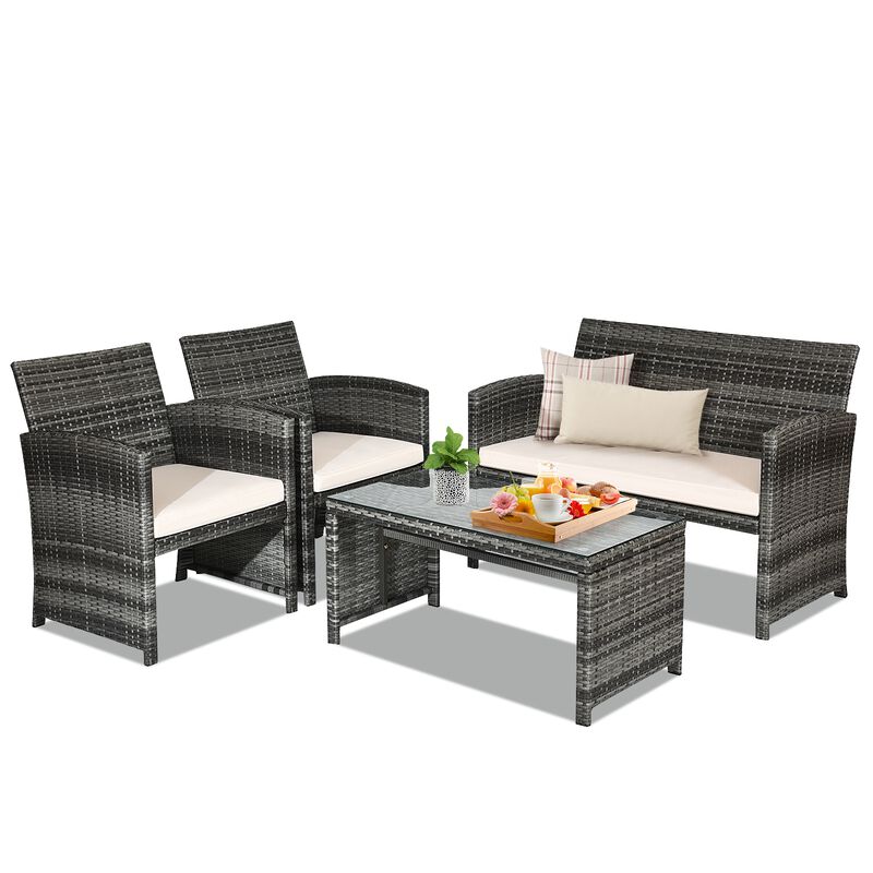 4 Pcs Patio Rattan Furniture Set Top Sofa With Glass Table