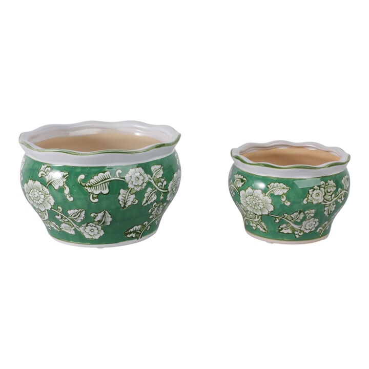 S/2 6/8" Floral Chinoiserie Planters, Green