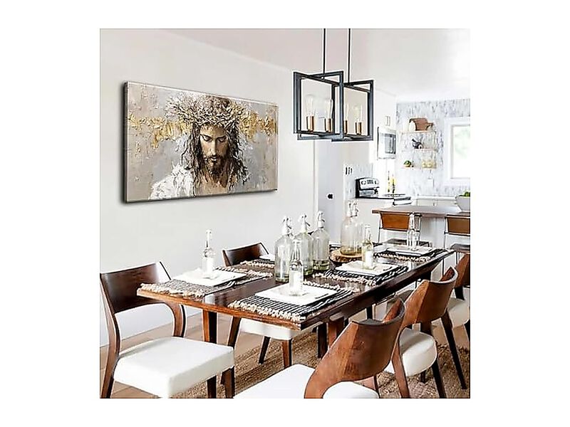 Large Jesus Portrait Canvas Wall Art Abstract Gold Thorns Decor Beige Gray God image number 3