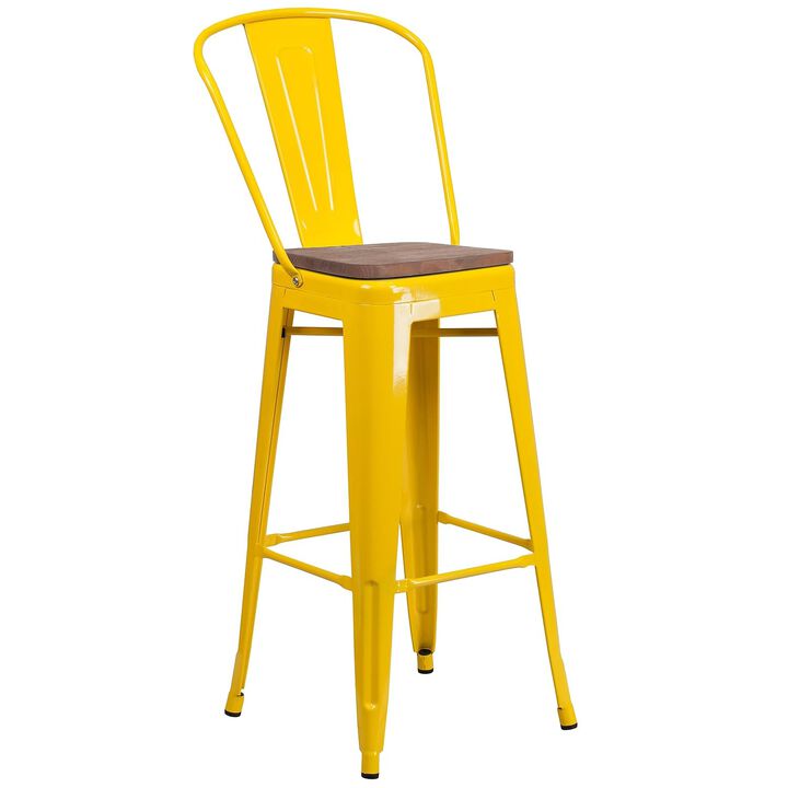 Flash Furniture Lily 30" High Yellow Metal Barstool with Back and Wood Seat