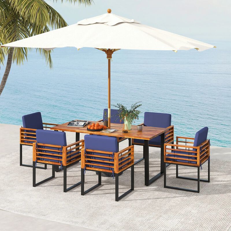 Mondawe 7-Piece Outdoor Patio Dining Set,1 Acacia Wood Table With Umbrella Hole & 6 Cushioned Chairs