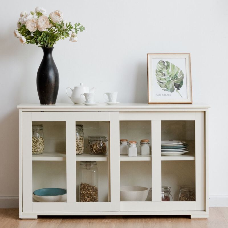 QuikFurn Modern Cream White Wood Buffet Sideboard Cabinet with Glass Sliding Door image number 2