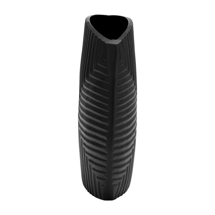 Ako 10 Inch Vase, Metal Ribbed Body Design, Curved Top, Matte Black Finish - Benzara