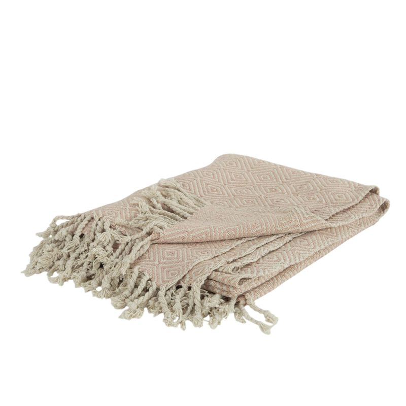 HomeRoots 50" X 60" Blush Cotton Woven Geometric Throw Blanket with Fringe image number 0