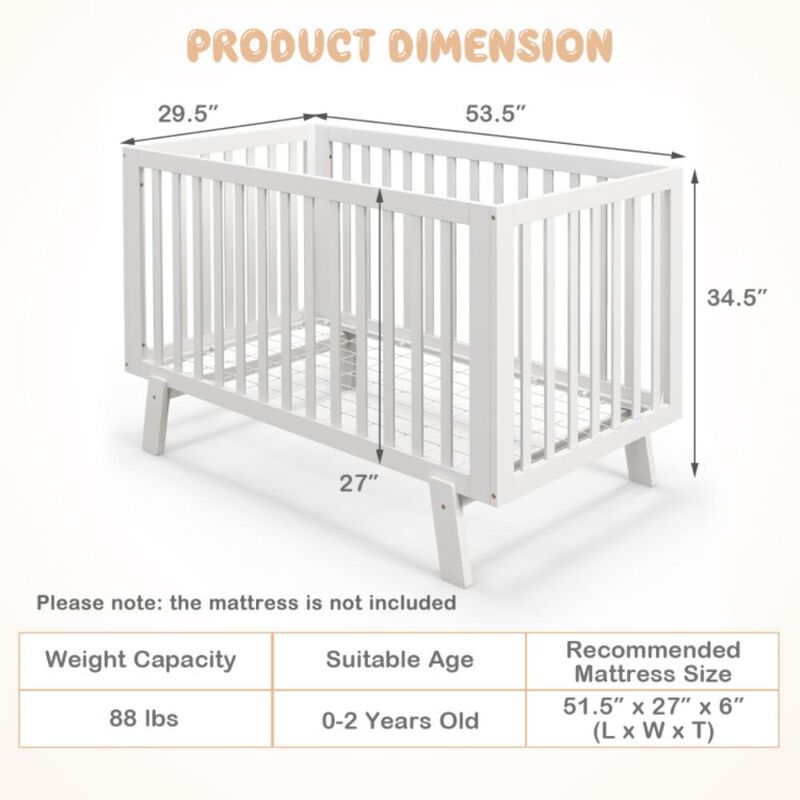 Hivvago Rubber Wood Baby Crib with Adjustable Mattress Heights and Guardrails