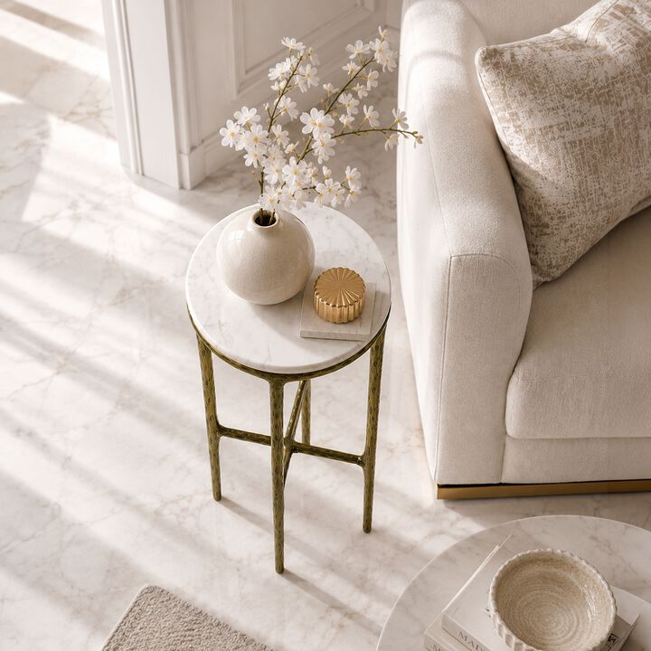 Minza Accent Side End Table, Modern Marble Round Top, Hand Forged, Hammered Antique Finish