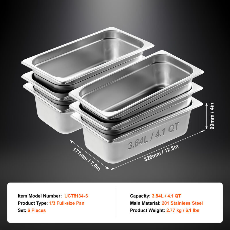 VEVOR 6 Pack 1/3 Size Hotel Pans Steam Table Pan Stainless Steel 4" Deep