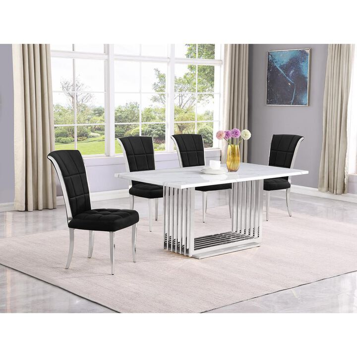 5pc Small(68") marble top dining set with silver base and 4 Black side chairs