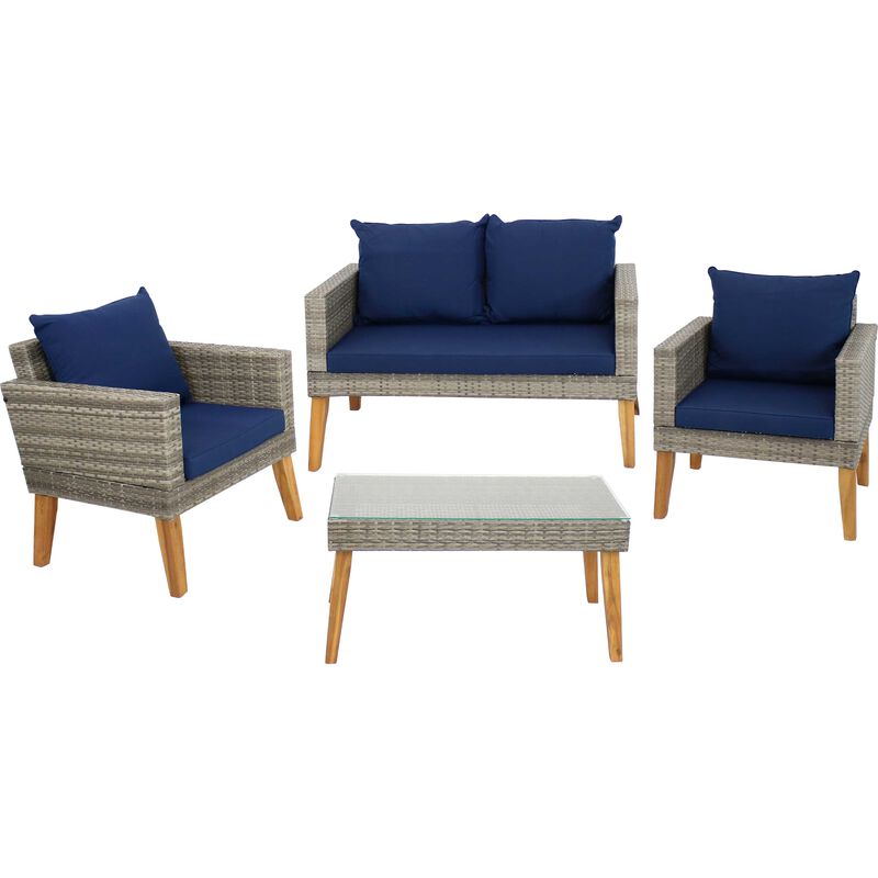 Sunnydaze Clifdon Rattan and Acacia 4-Piece Patio Conversation Set - Blue image number 0