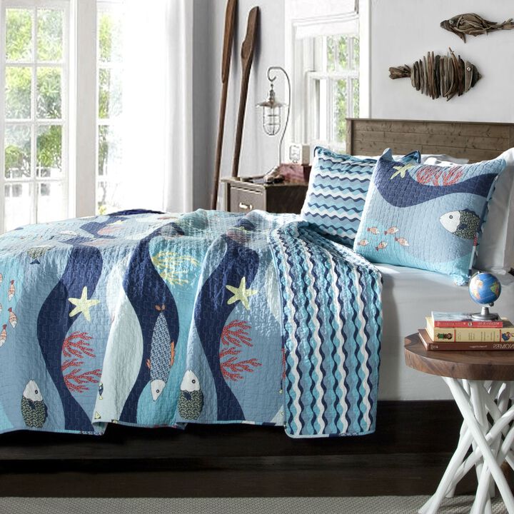 QuikFurn Full / Queen Blue Serenity Sea Fish Coral Coverlet Quilt Bedspread Set