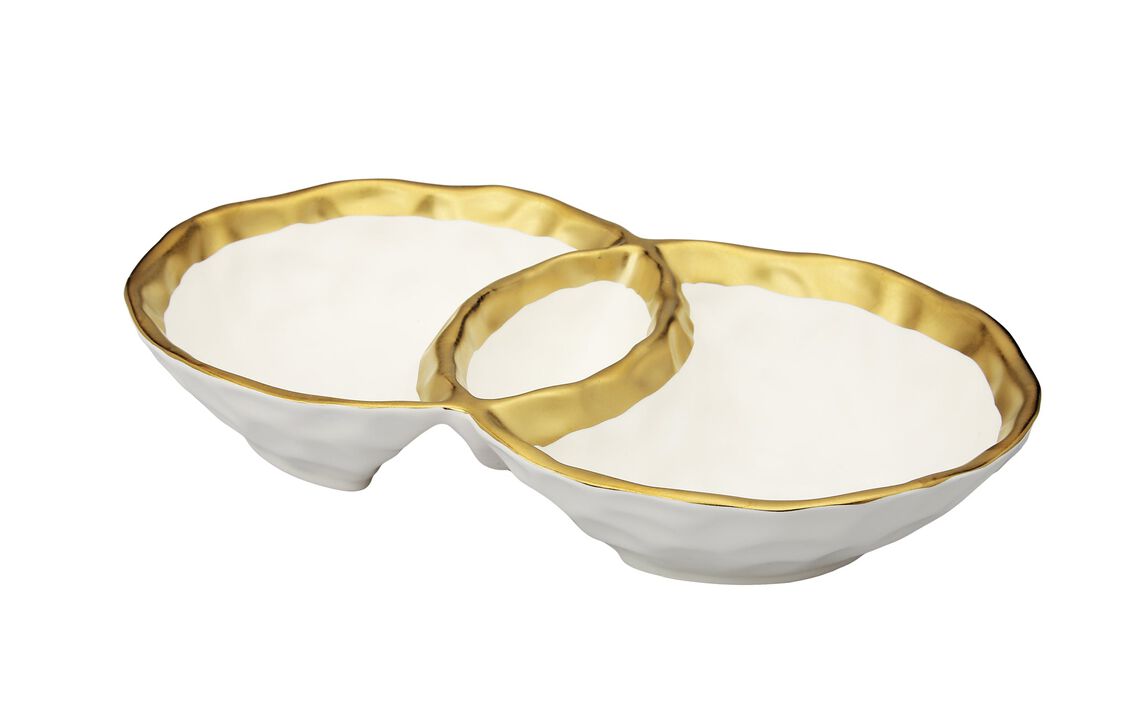 White Porcelain Round Double Bowl with Gold Rim