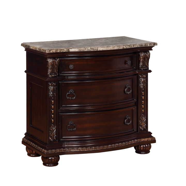 Streamdale 3-Drawer Nightstand with Marble Top in Rich Brown Cherry Finish