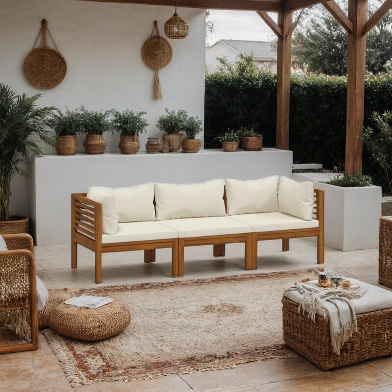 Lina 3pc Outdoor Modular Sofa Set, Brown Acacia Wood, Cream Polyester - Benzara