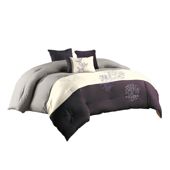 7 Piece Queen Polyester Comforter Set with Leaf Embroidery, Gray and Purple - Benzara