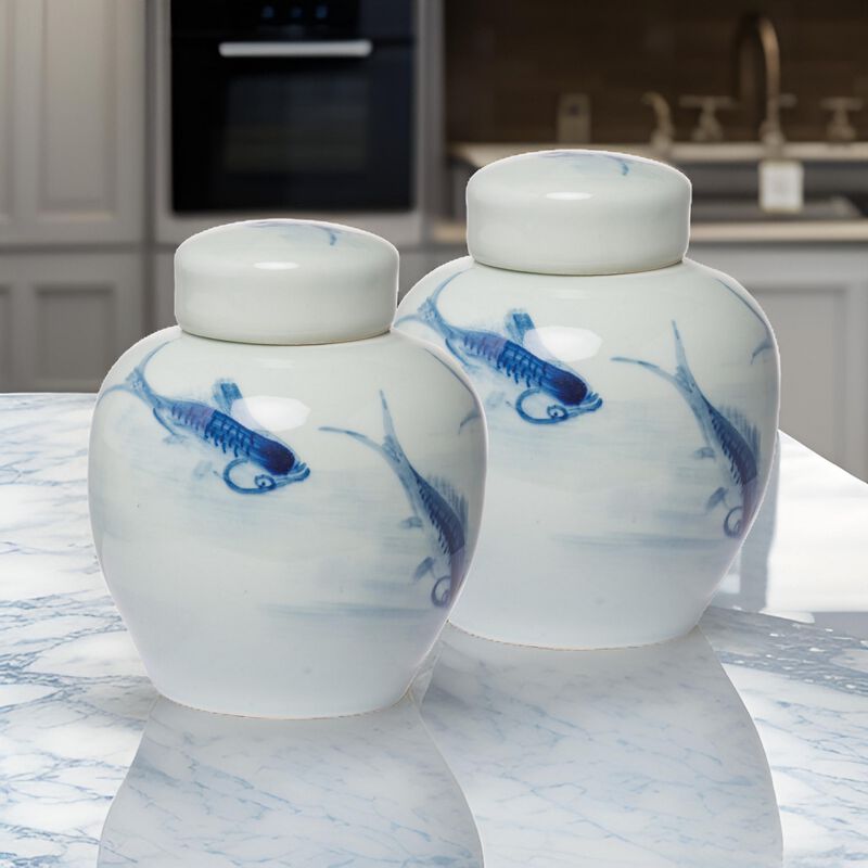 8 Inch Lidded Ginger Jar, Painted Koi Fish, White Blue Porcelain, Set of 2 - Benzara