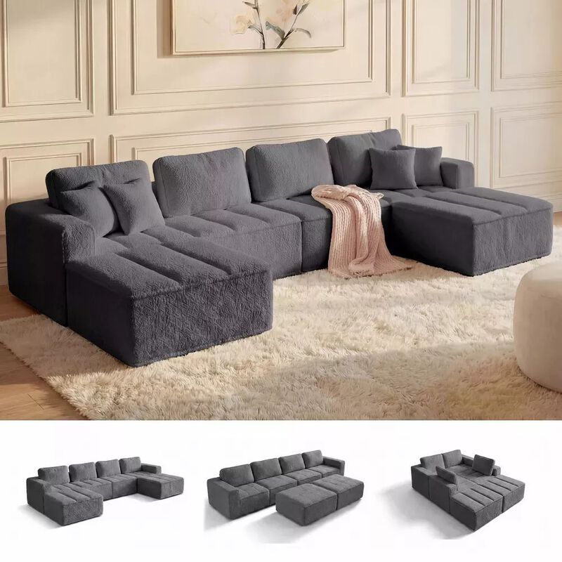 Vipbear 145.6" Modular U-Shaped Cloud Sectional Sofa, Fluffy Teddy Fabric Convertible Couch image number 7