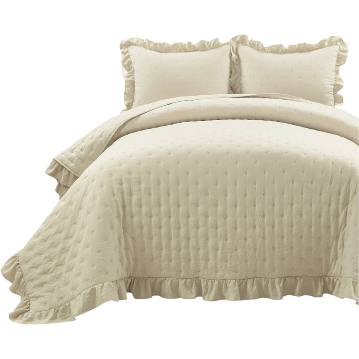 Lightweight Ruffle Reversible Oversized 3-Piece Quilt Set for Bedspread and Comfort