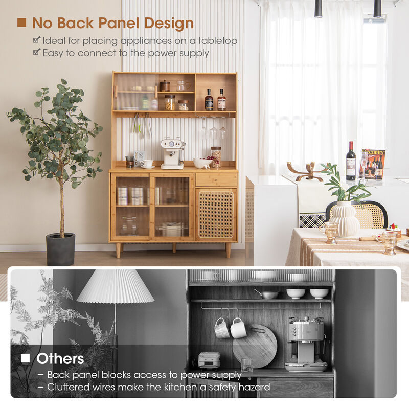 Wine Bar Kitchen Cabinet with Sliding Tempered Glass and Rattan Door