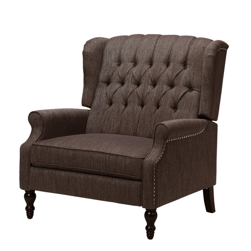 Jade Oversize Wide Chair Manual Recliner, Wingback, Brown Tufted - Benzara