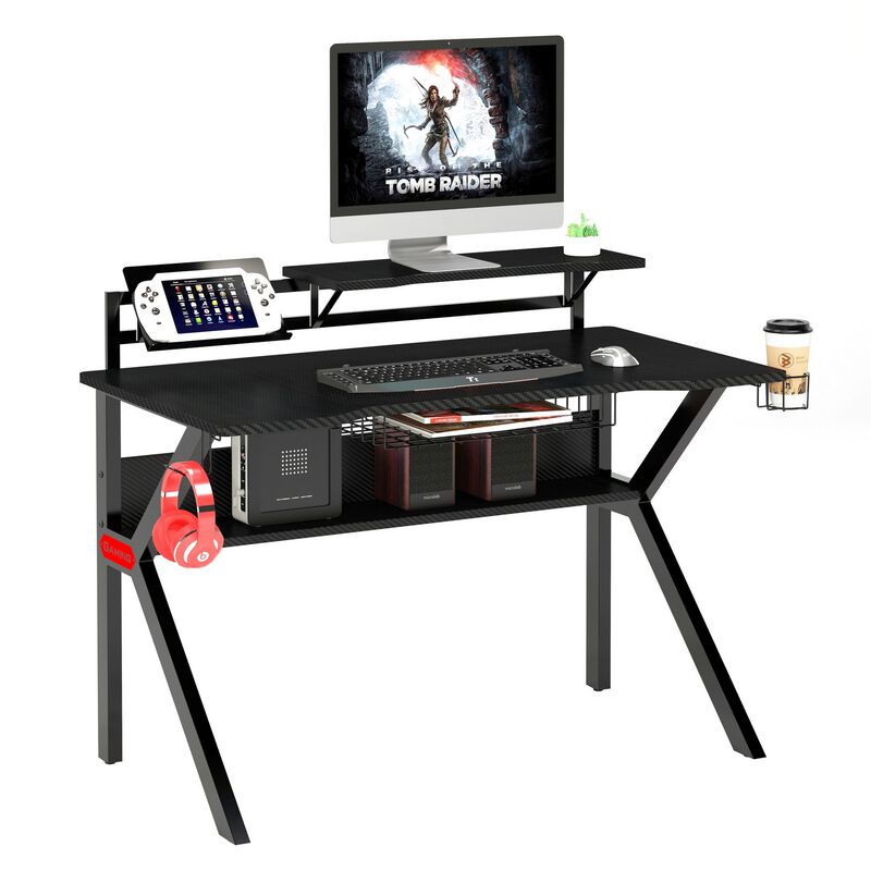 PVC Coated Ergonomic Metal Frame Gaming Desk with K Shape Legs, Black-Benzara