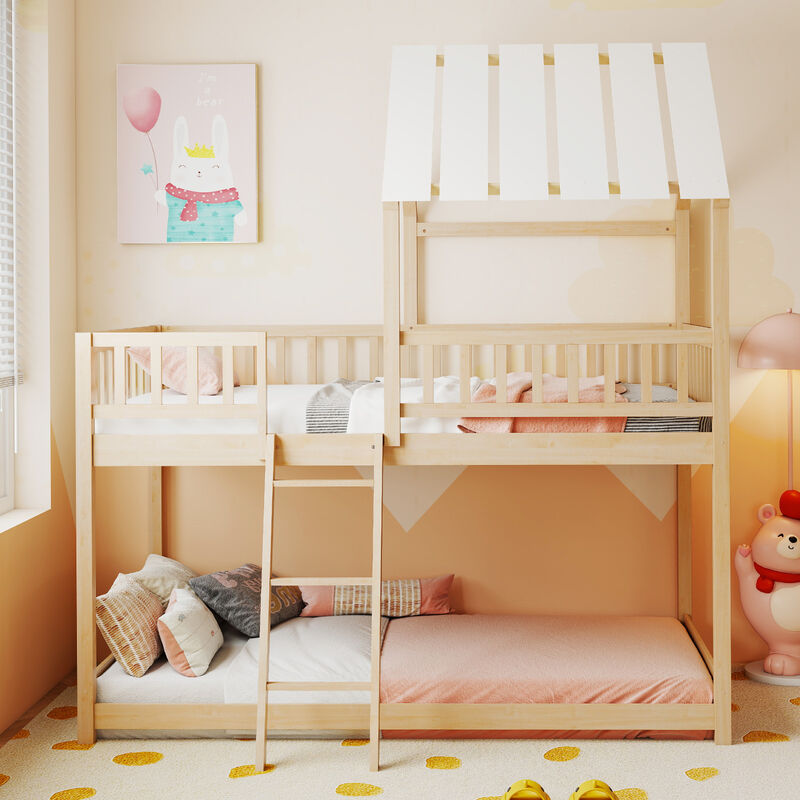 Kids Twin Over Twin House Bunk Bed with Roof & Safety Guardrails-Natural image number 3