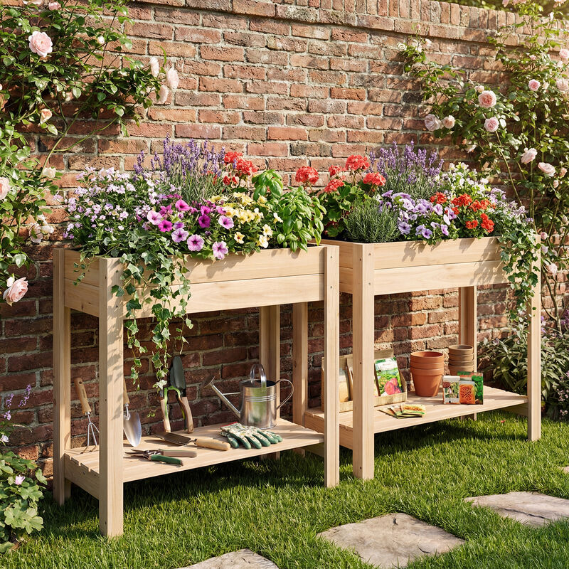 Wooden Elevated Garden Bed with Legs and Convenient Storage Shelf-Natural image number 3