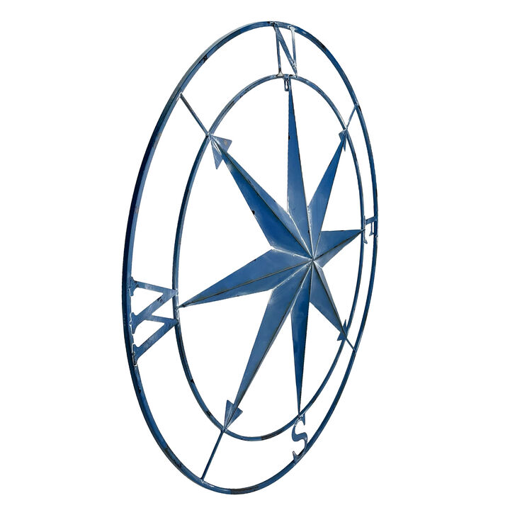 Aegean Blue Indoor Outdoor Metal Compass Rose Wall Sculpture 39.25 Inch Diameter