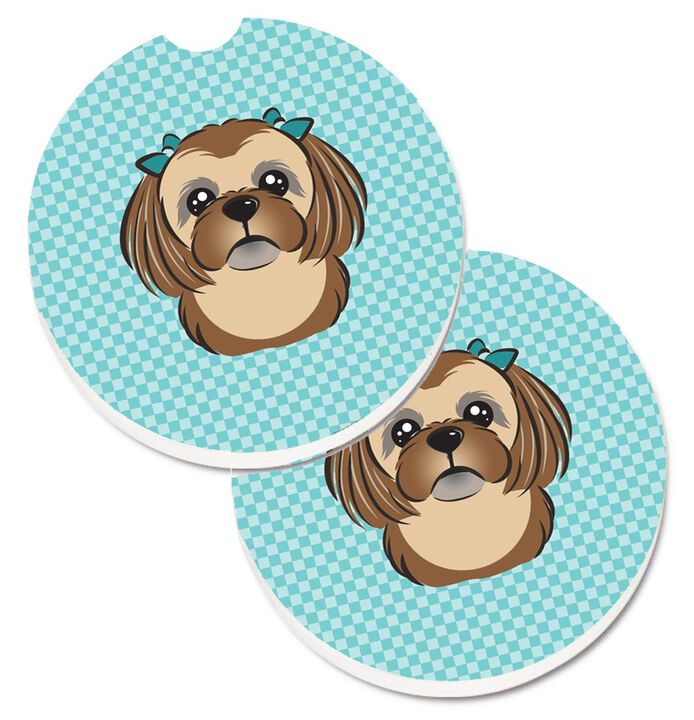 Caroline's Treasures Checkerboard Blue Chocolate Brown Shih Tzu Set of 2 Cup Holder Car Coasters BB1187CARC, 2.56, Multicolor