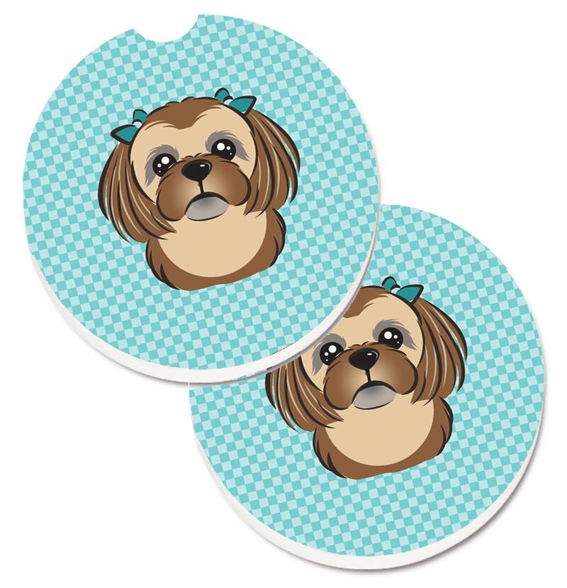 Caroline's Treasures Checkerboard Blue Chocolate Brown Shih Tzu Set of 2 Cup Holder Car Coasters BB1187CARC, 2.56, Multicolor