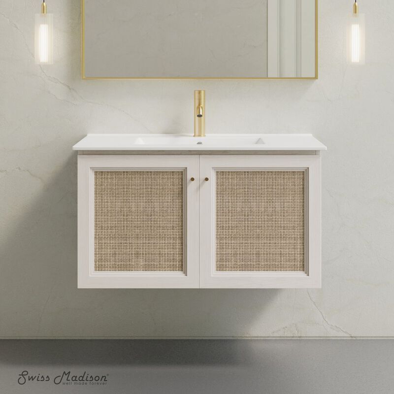 36" Wall-Mounted Bathroom Vanity in White Oak with Single Faucet Hole Vanity Top image number 1