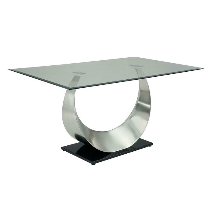 Metal and Glass Dining Table with Unique U Shape Pedestal Base, Chrome and Black