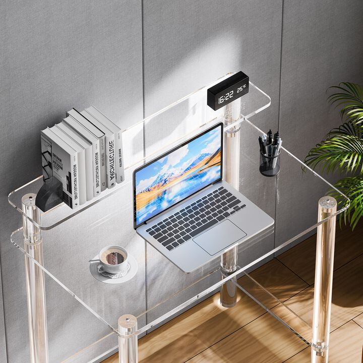 Modern Acrylic Computer Desk with Monitor Stand and Storage