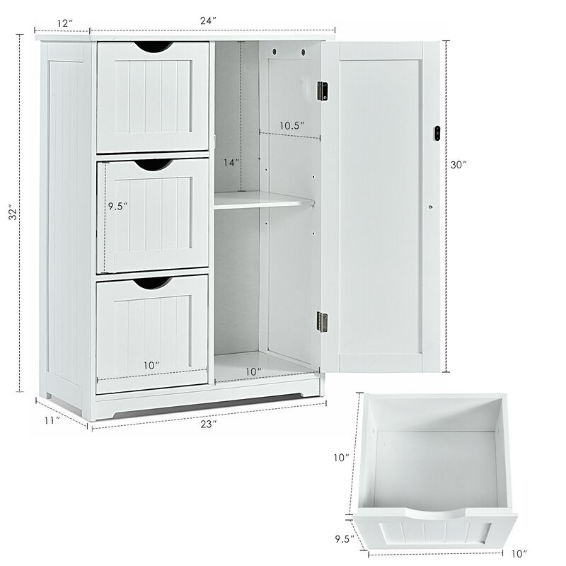 Bathroom Floor Cabinet Side Storage Cabinet with 3 Drawers and 1 Cupboard