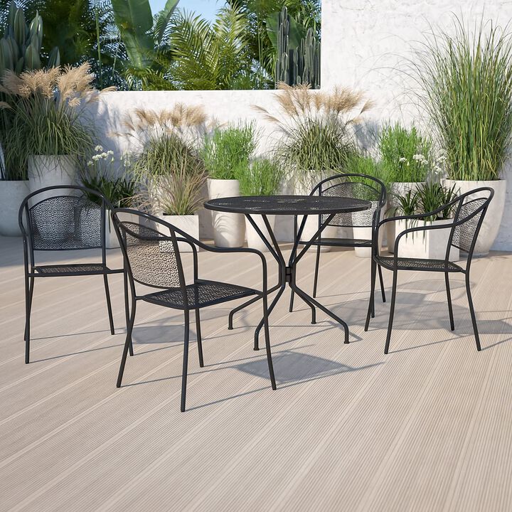 Flash Furniture Oia Commercial Grade 35.25" Round Black Indoor-Outdoor Steel Patio Table Set with 4 Round Back Chairs
