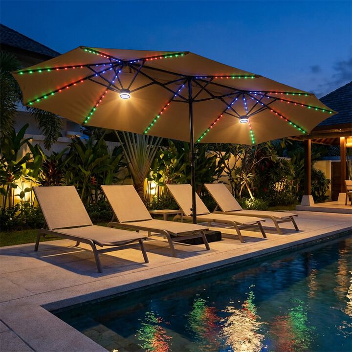 15FT Double-Sided Heavy Duty Solar RGB LED Patio Umbrella with Base, Dual Charging, Crank Handle