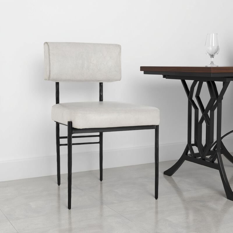 Keto Dining Chair Set of 2, Off White Leather, Black Hammered Iron - Benzara