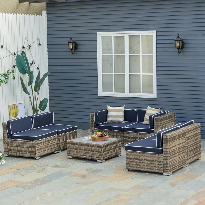7-Piece Patio Furniture Sets Outdoor Wicker Conversation Sets PE Rattan Sectional sofa set with Cushions & Slat Plastic Wood Table, Blue image number 2