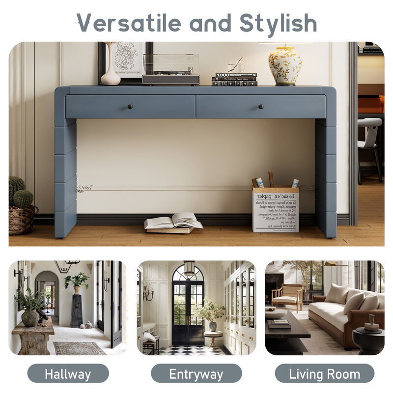 Curved Console Table with Storage, Wooden Entryway Table with 2 Drawers