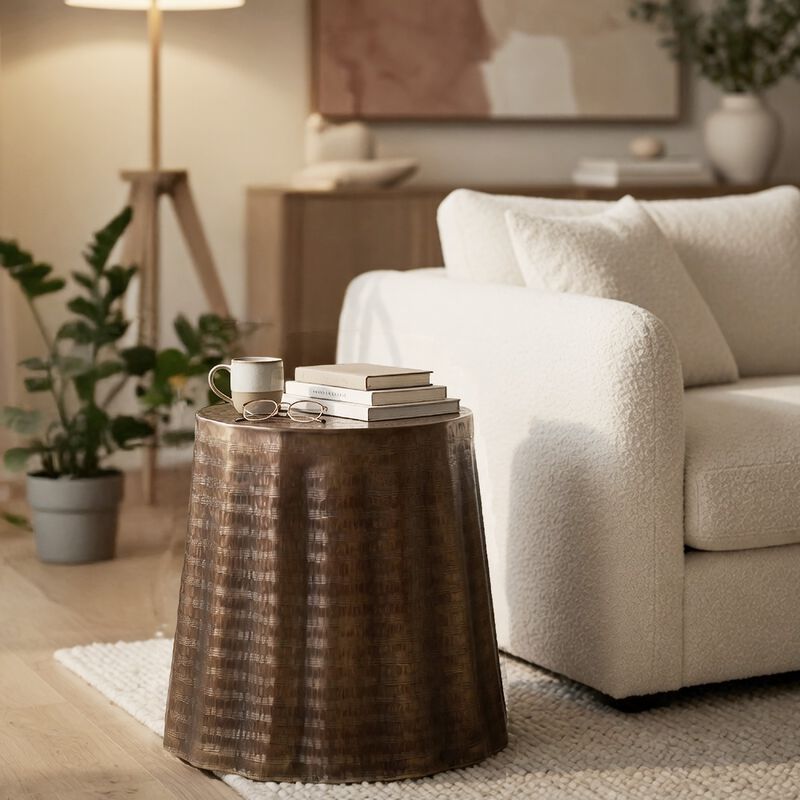Liora 19" Side End Table , Handcrafted Bronze-Finish Aluminum , Hammered Round Design image number 8