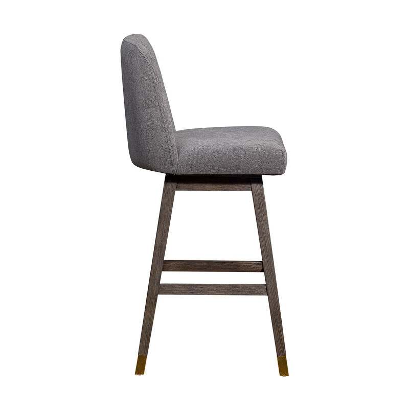 HomeRoots 30" Gray And Brown Fabric And Solid Wood Bar Height Swivel Bar Chair image number 3