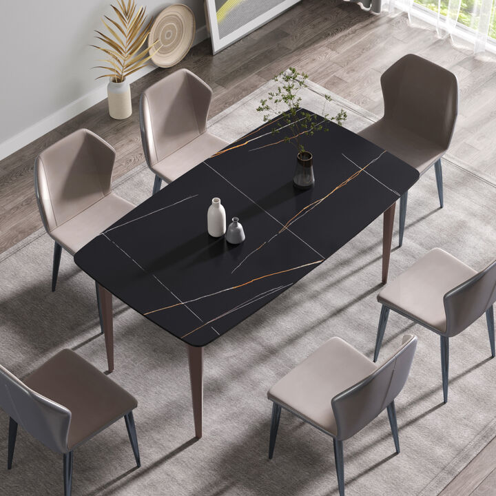 63" Modern artificial stone black curved metal leg dining table -6 people