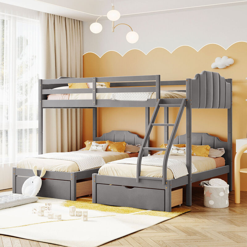 Full Over Twin & Twin Bunk Bed, Velvet Triple Bunk Bed with Drawers and Guardrails, Beige