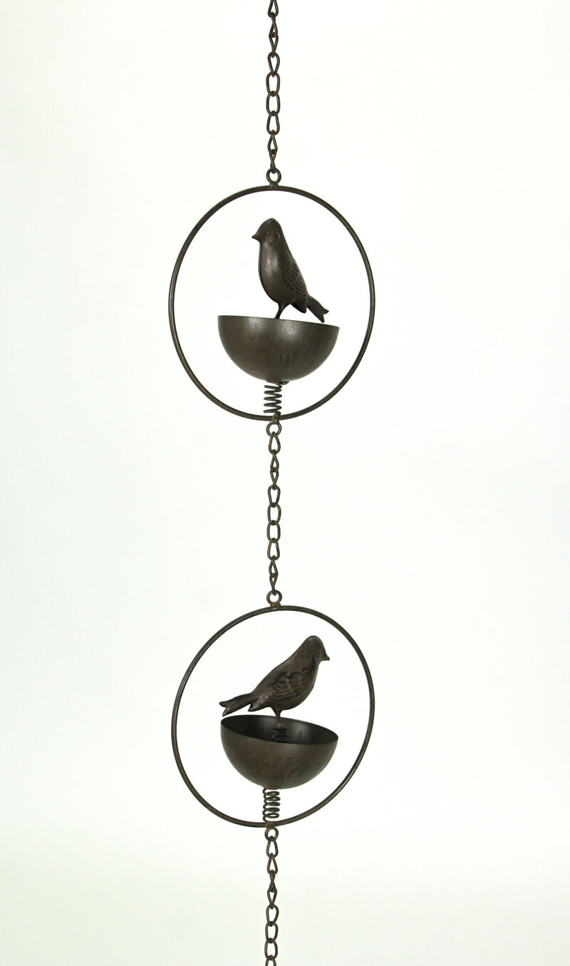 65 Inch Dark Brown Bird Bowl Metal Rain Chain Decorative Patio Accent Garden Art image number 1