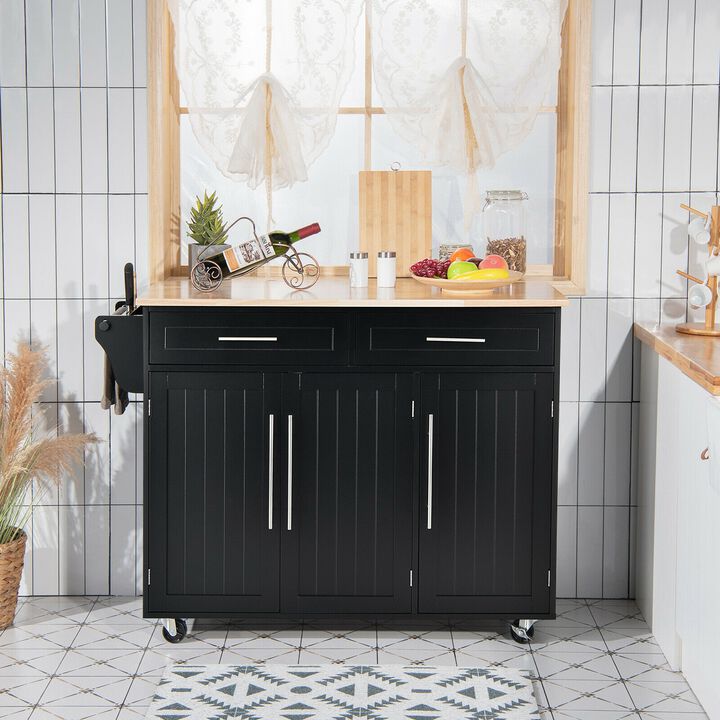 Kitchen Island Trolley Wood Top Rolling Storage Cabinet Cart with Knife Block-Black